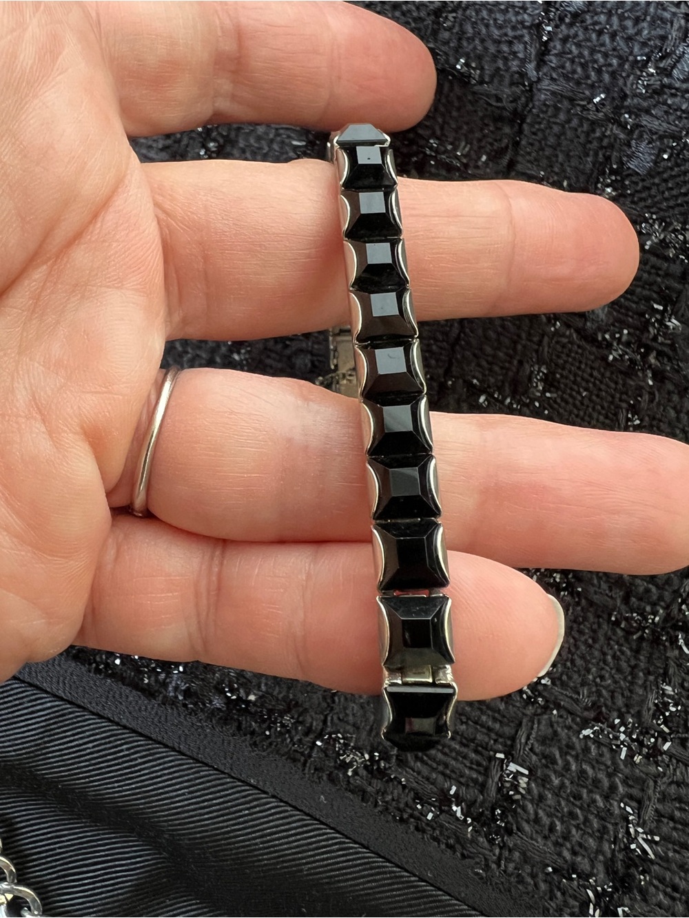 Antique Art Deco Black Faceted Onyx Square Cut Gemstones Silver Bracelet